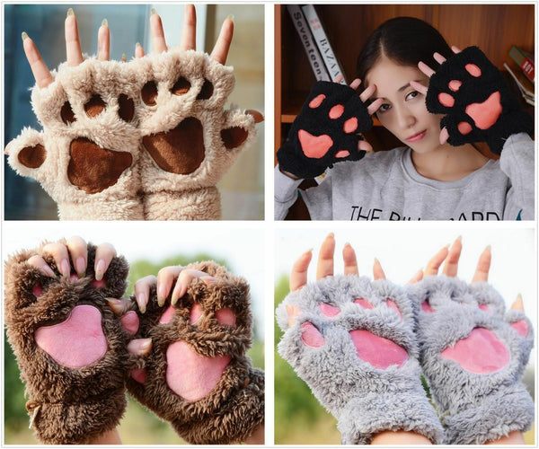 Claw Paw Plush Mittens Short Fingerless Gloves