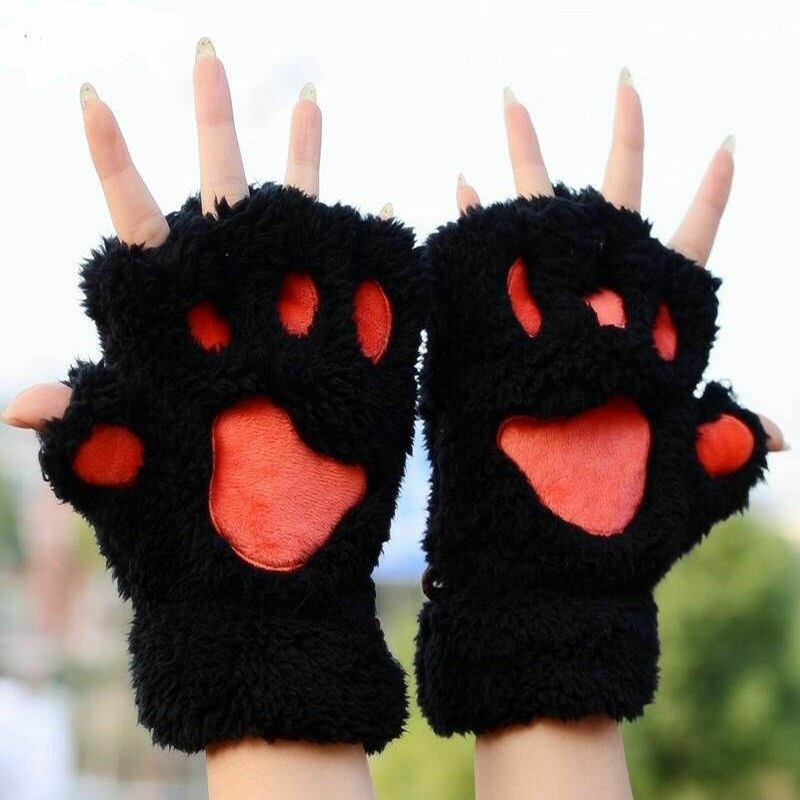 Claw Paw Plush Mittens Short Fingerless Gloves