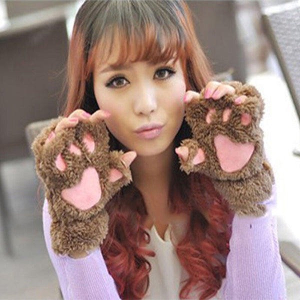 Claw Paw Plush Mittens Short Fingerless Gloves