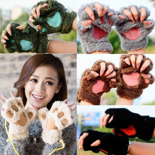 Claw Paw Plush Mittens Short Fingerless Gloves